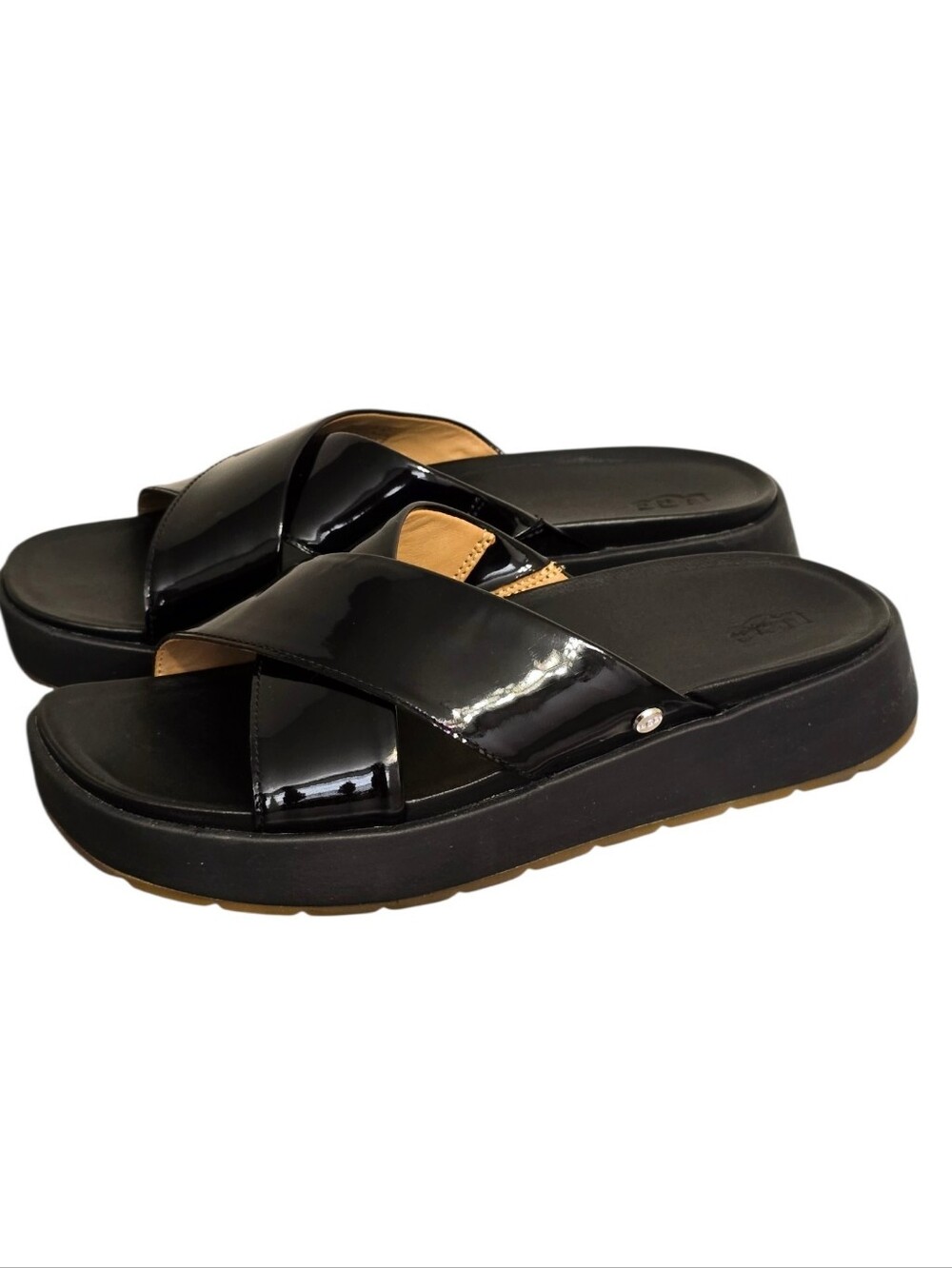 UGG Black Patent Crisscross Slide Sandals